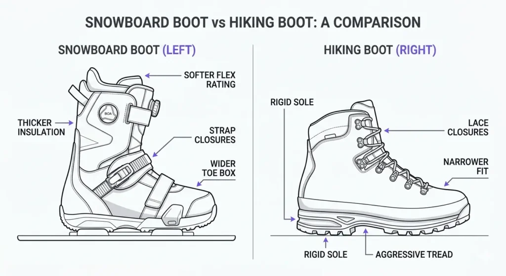 Technical diagram showing proper winter boot fit from side view with measurements thumb's width space at toe, snug