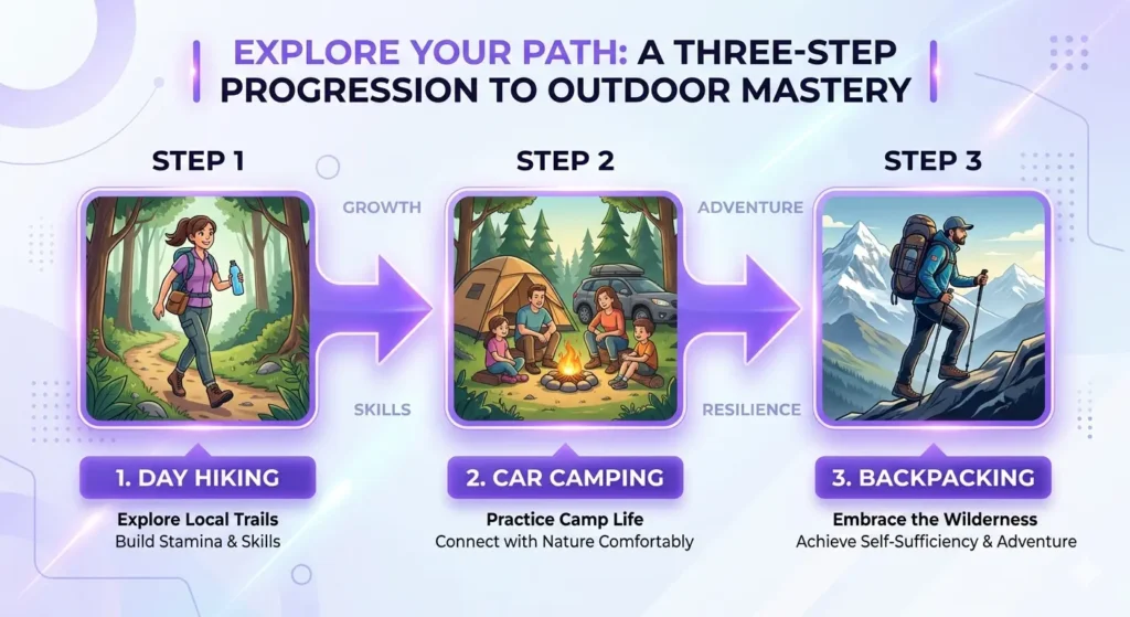 Three-step beginner progression infographic from day hiking to car camping to backpacking