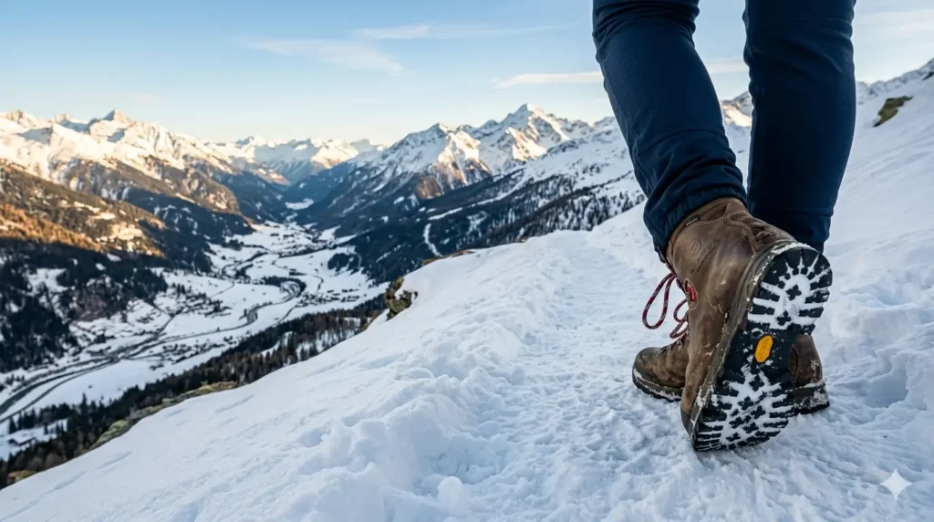 Woman hiking in waterproof winter boots on snowy mountain trail overlooking valley