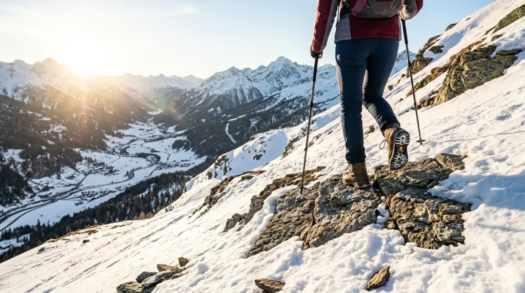 Woman in complete winter hiking outfit on snowy mountain wearing waterproof boots, insulated jacket, hiking backpa