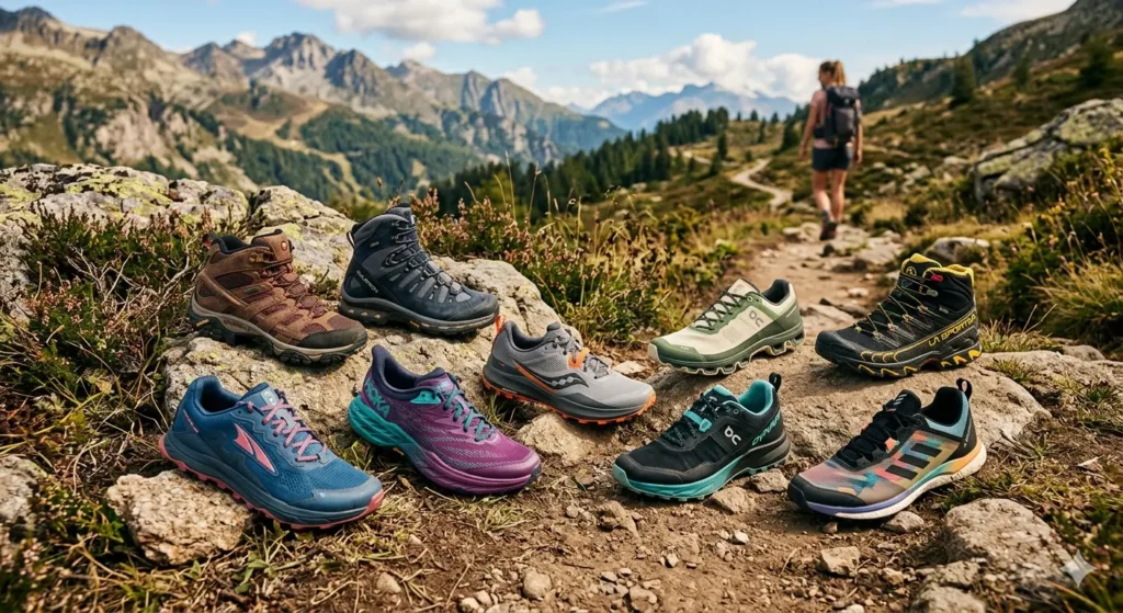 Collection of waterproof and non-waterproof hiking shoes for women outdoors