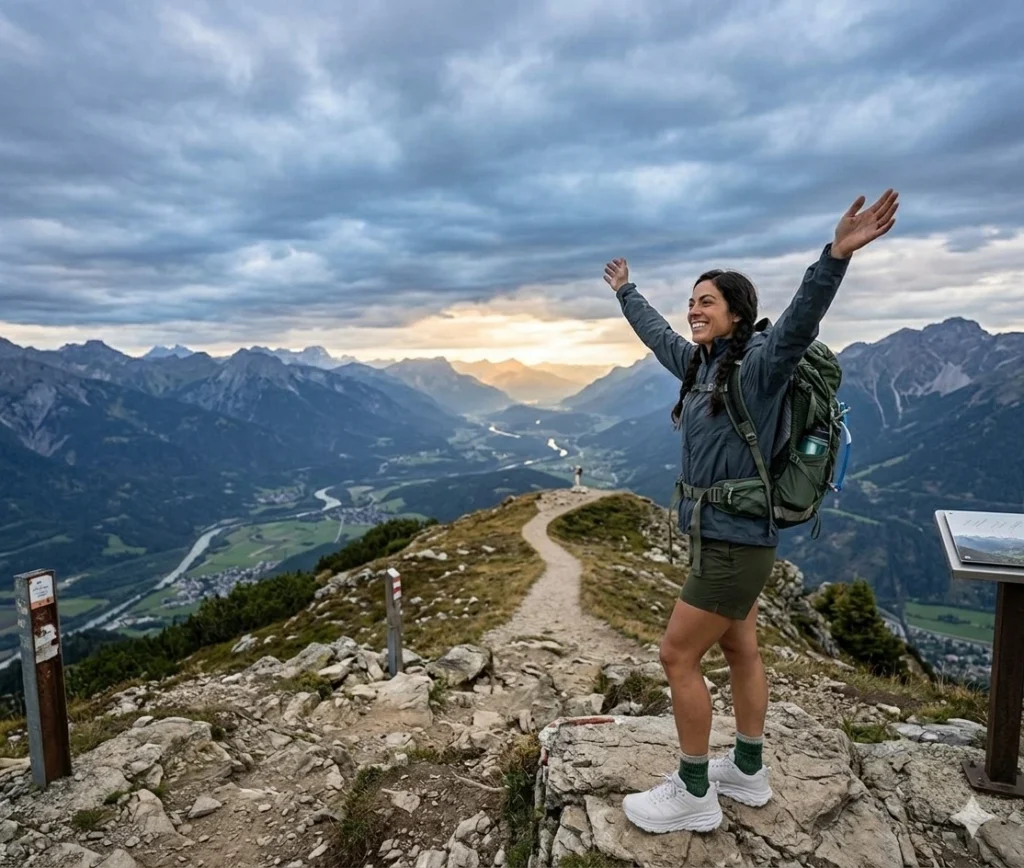 Woman standing on mountain viewpoint wearing best waterproof hiking shoes for women with scenic valley view