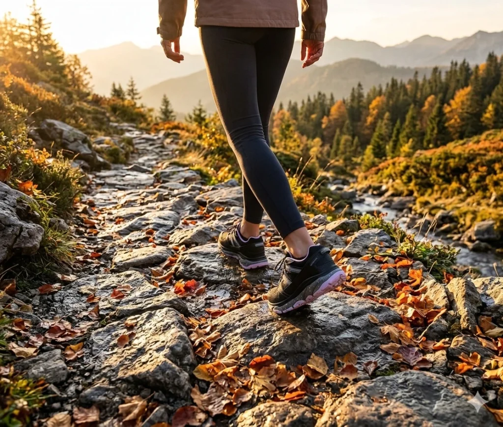 Best waterproof hiking shoes for women on rocky alpine trail in autumn golden hour light