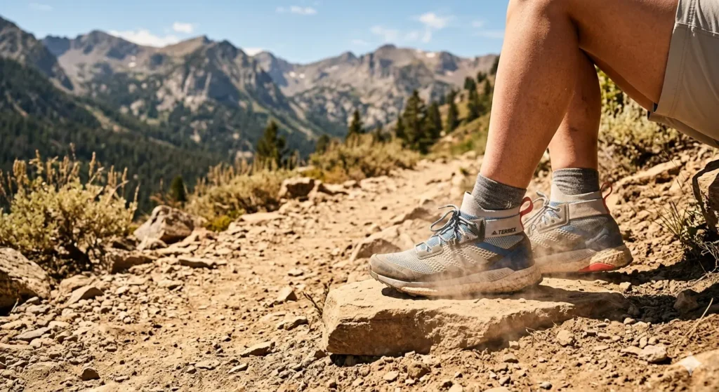 Breathable non-waterproof hiking shoes on a warm summer hiking trail