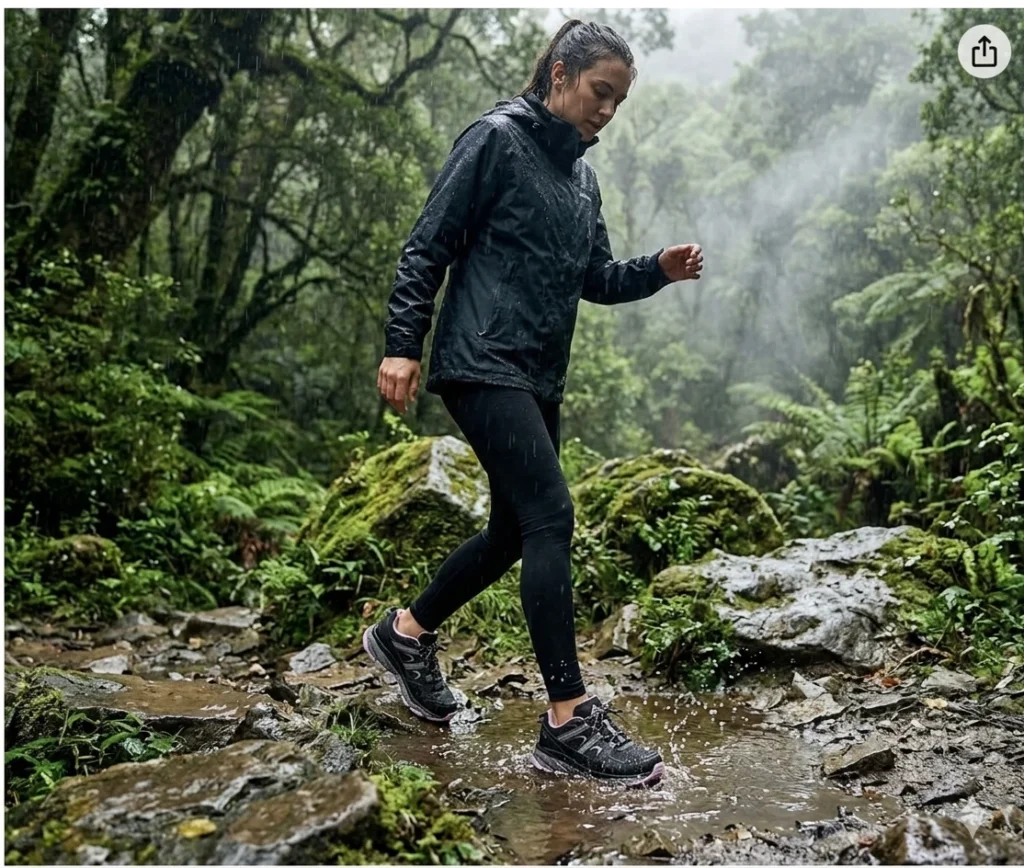 CC-Los women's waterproof hiking shoes on wet mossy rocks on a forest trail