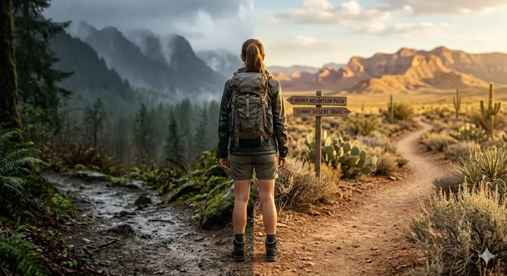 Female hiker deciding between waterproof and non-waterproof hiking shoes on different trail condition