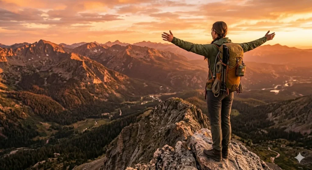 Hiker overlooking Colorado mountains during sunset