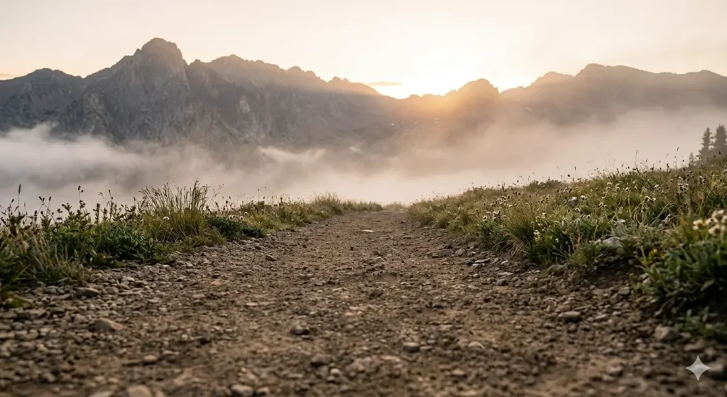 Scenic Colorado mountain trail at sunrise