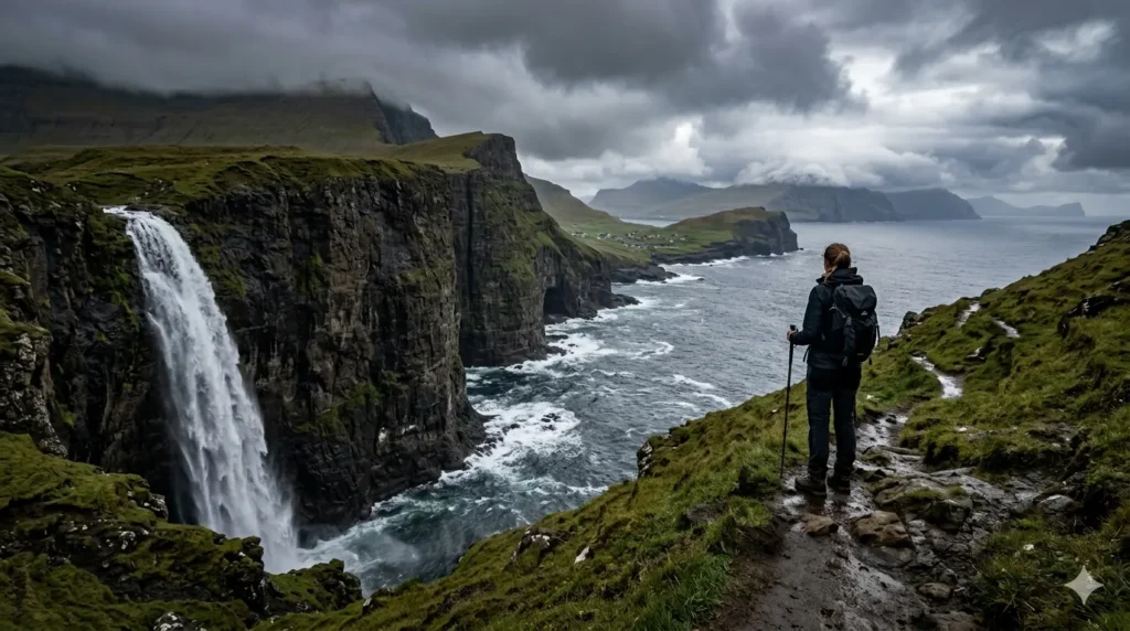 Hiker near sea cliffs and waterfalls in the Faroe Islands