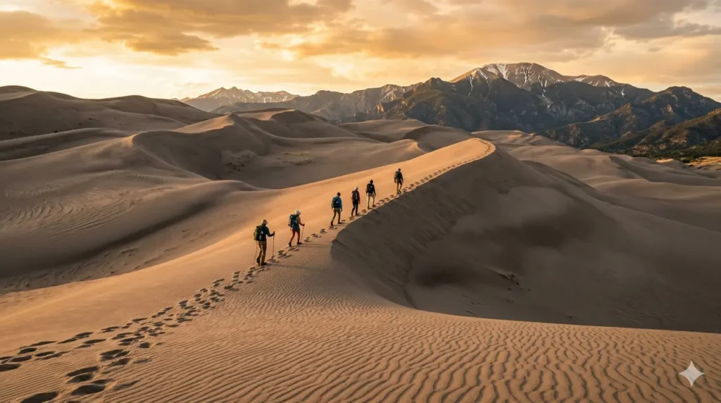 Hikers climbing sand dunes in Great Sand Dunes National Park Colorado
