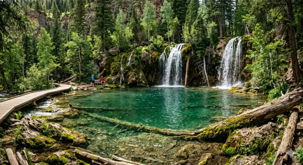Turquoise Hanging Lake trail with waterfalls in Colorado
