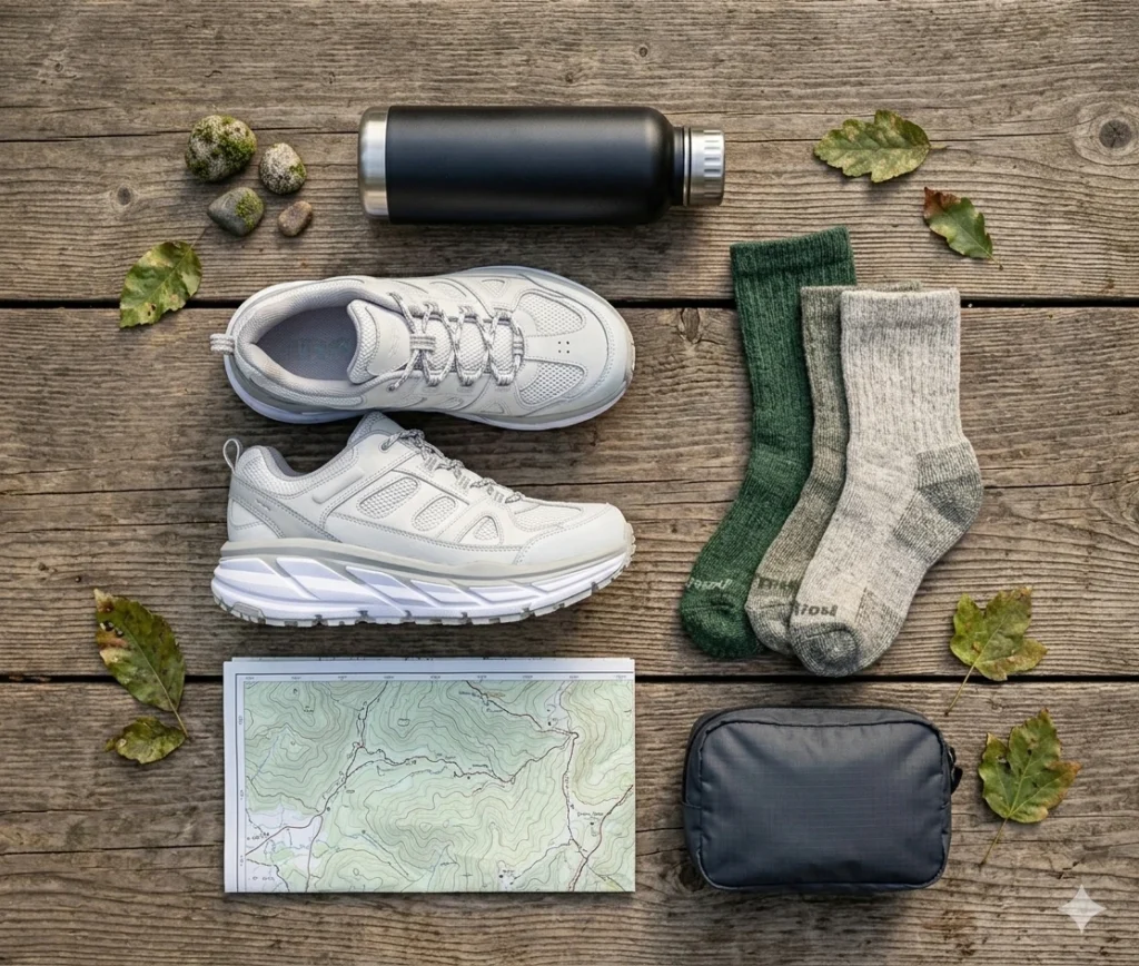 Flat lay of women's waterproof hiking shoes with hiking gear including socks trail map and water bottle