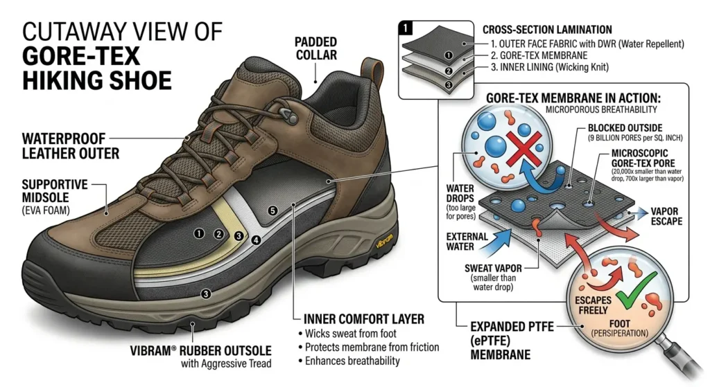 Illustration showing how waterproof Gore-Tex hiking shoe membranes block water while allowing sweat vapor to escape