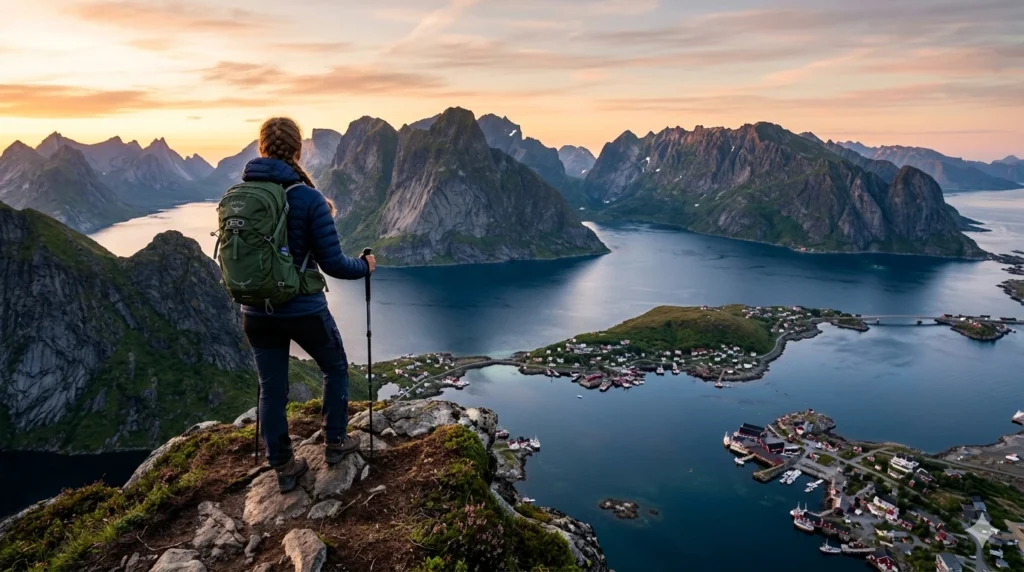 Hiker overlooking Lofoten Islands Norway from mountain viewpoint