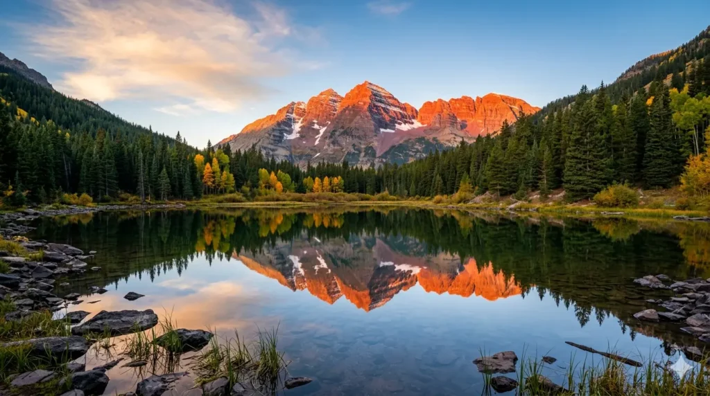 Maroon Bells reflected in Maroon Lake at sunrise in Colorado