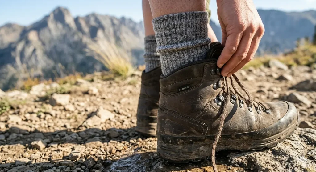 Merino wool hiking socks and boots on rocky Colorado trail