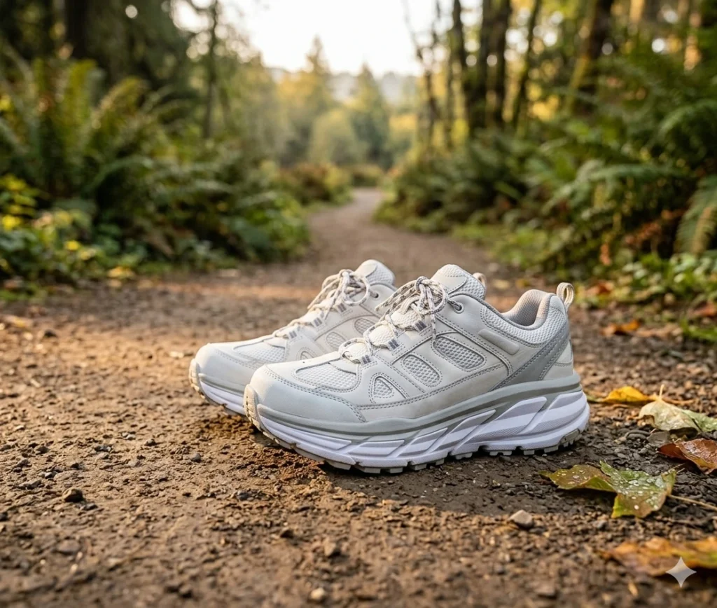 Affordable waterproof hiking shoes for women on a muddy forest trail