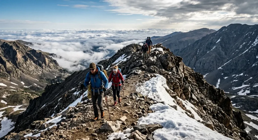 Hikers climbing Mount Bierstadt 14er trail in Colorado
