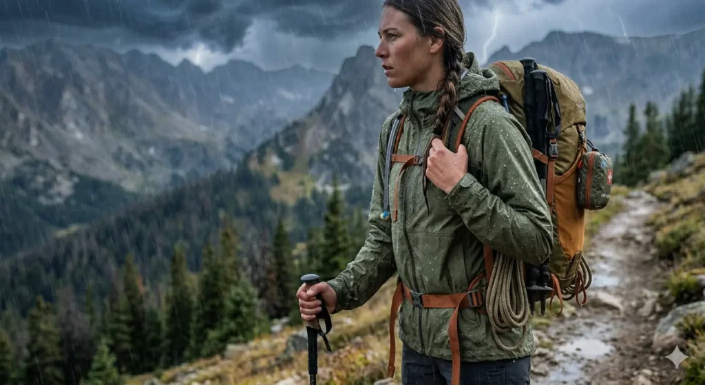 Packable waterproof rain jacket for hiking in Colorado weather