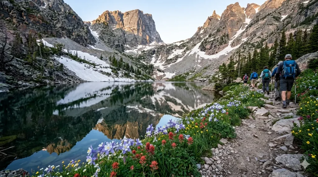 Hikers near Emerald Lake in Rocky Mountain National Park Colorado