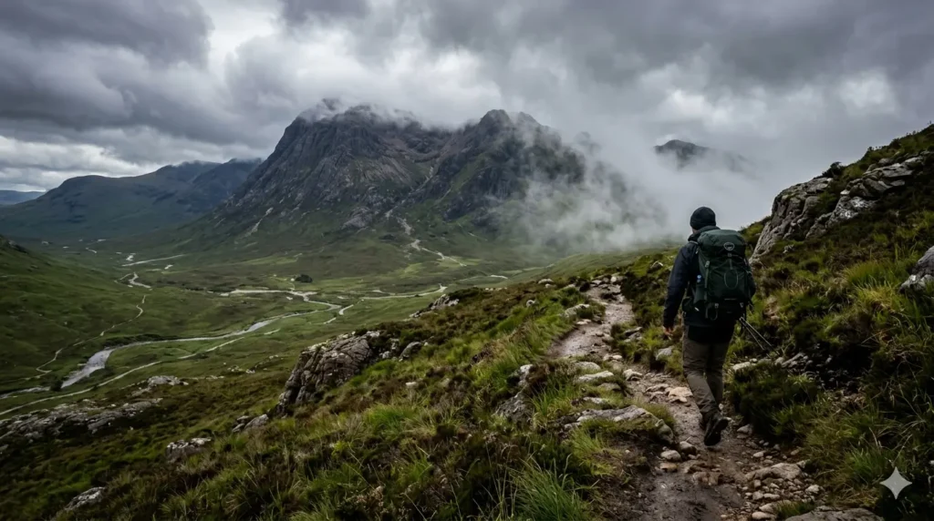 Hiker exploring rugged Scottish Highlands near Ben Nevis