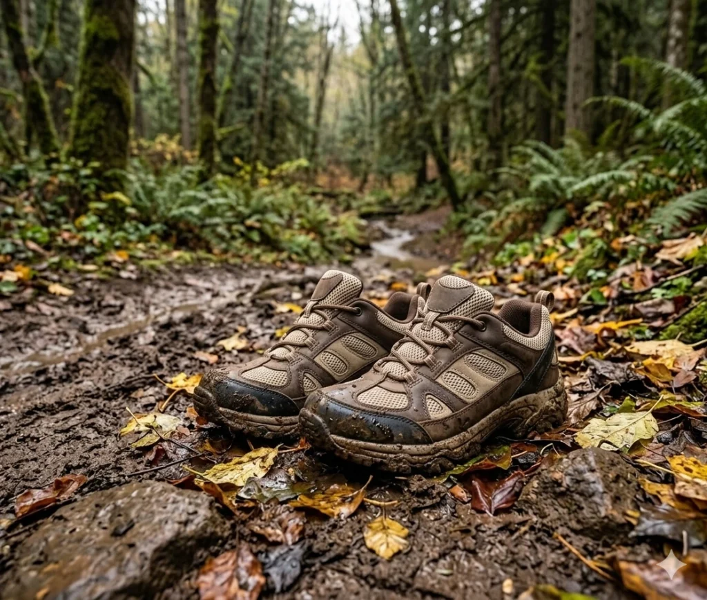 Affordable waterproof hiking shoes for women on a muddy forest trail