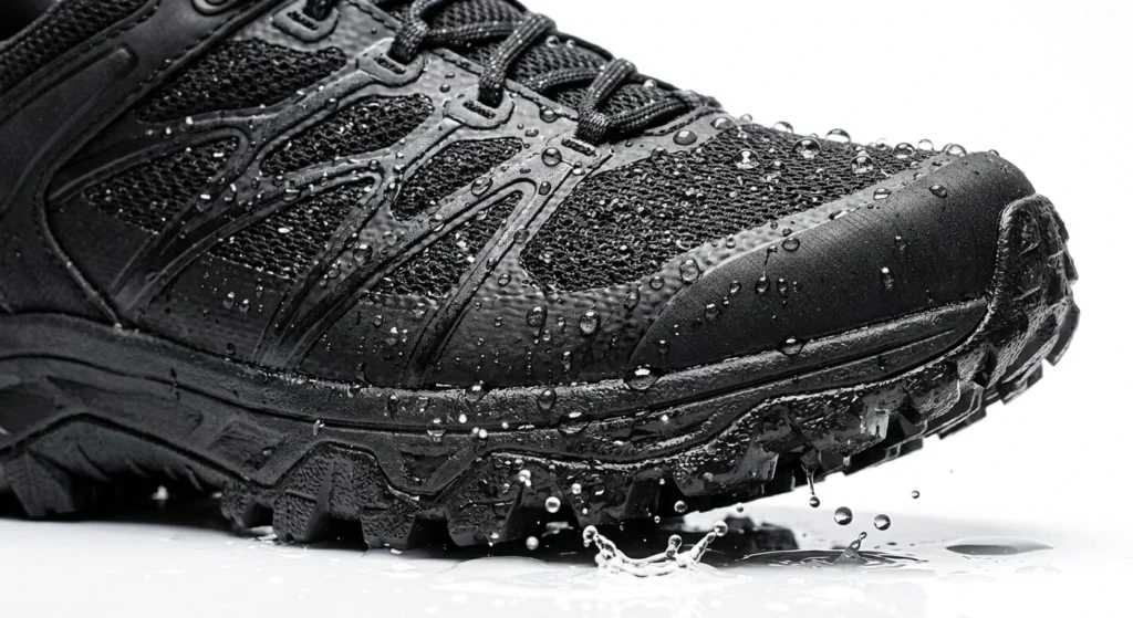 Water beading off waterproof hiking shoes for women showing waterproof membrane technology