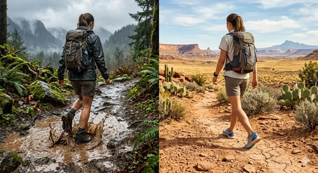 Comparison of waterproof hiking shoes on muddy trails and breathable mesh hiking shoes on dry summer trails