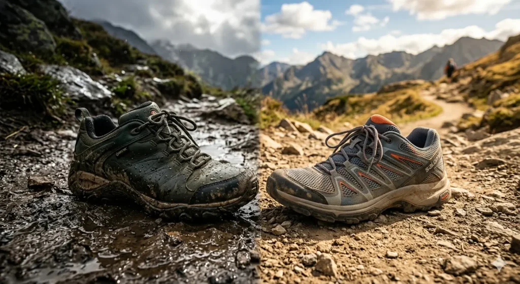 Waterproof vs non-waterproof hiking shoes on wet and dry hiking trails