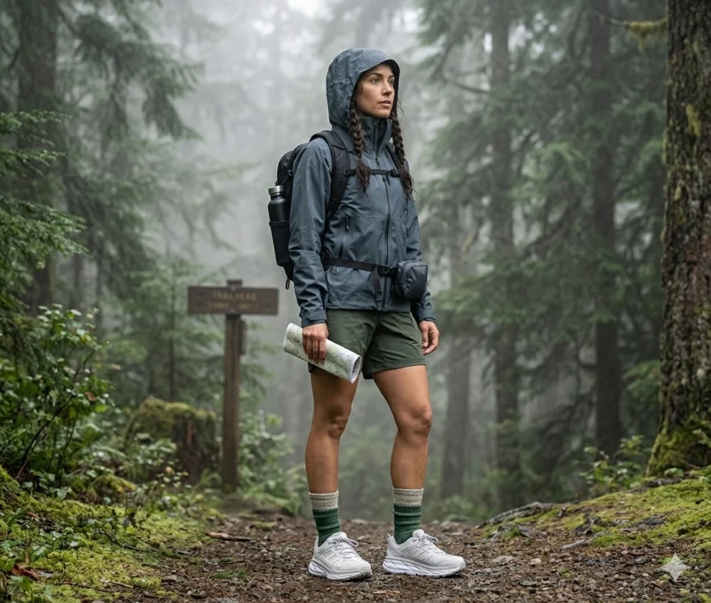 Woman wearing waterproof hiking shoes for women with rain jacket and hiking shorts at trailhead 