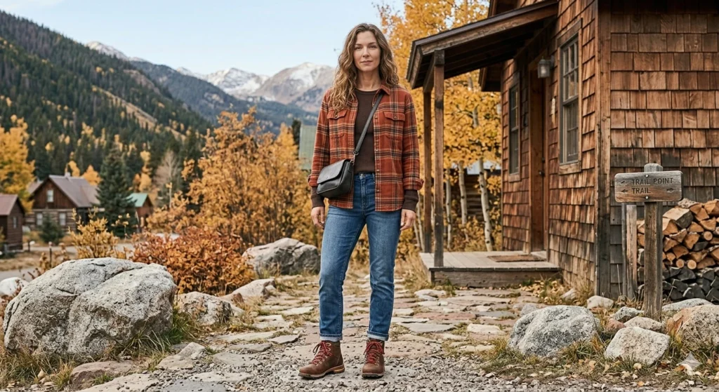 Active lifestyle look of a woman wearing a lightweight mint green windbreaker, white athletic t-shirt, light-wash bootcut jeans, and gray hiking boots walking on a park trail.