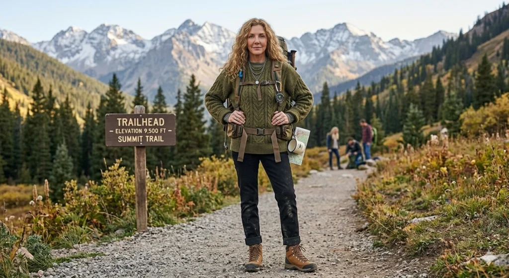 Casual chic outdoor style featuring a smiling woman holding a coffee mug and notebook on a cozy rustic café patio, wearing tan hiking boots and a cream sweater.