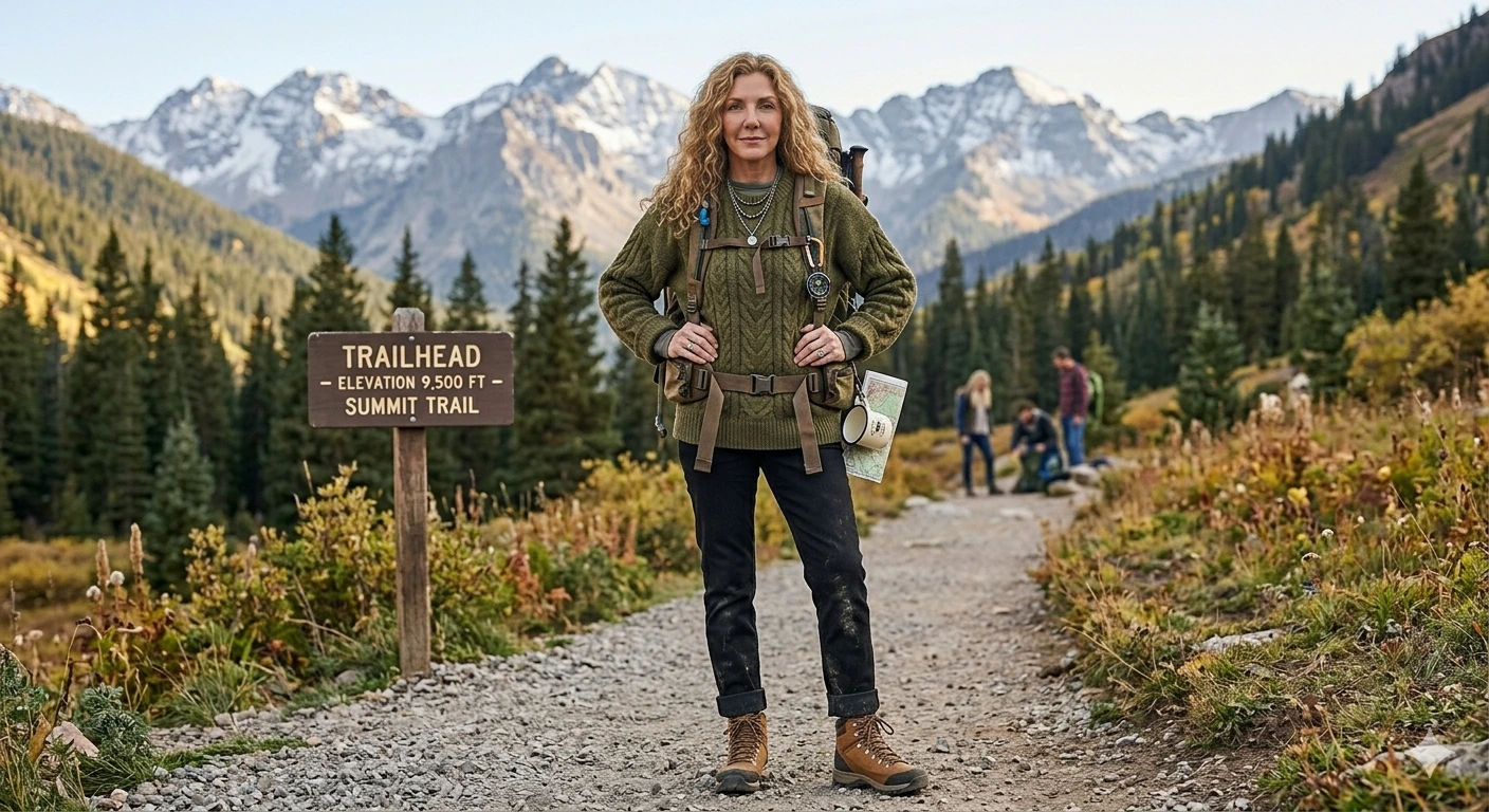 Casual chic outdoor style featuring a smiling woman holding a coffee mug and notebook on a cozy rustic café patio, wearing tan hiking boots and a cream sweater.
