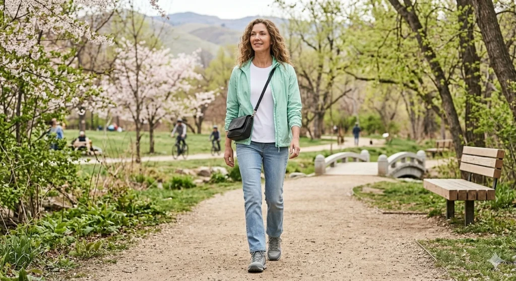 Edgy outdoor fashion style showing a woman in a black leather motorcycle jacket, cuffed dark-wash jeans, gold jewelry, and prominent black hiking boots in a modern urban city district.