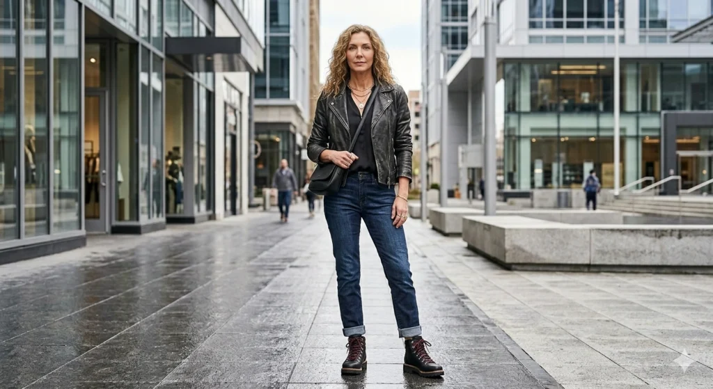 Full body portrait of a woman wearing a long neutral cardigan over a cream henley shirt with medium-wash jeans and tan suede hiking boots in a relaxed outdoor setting