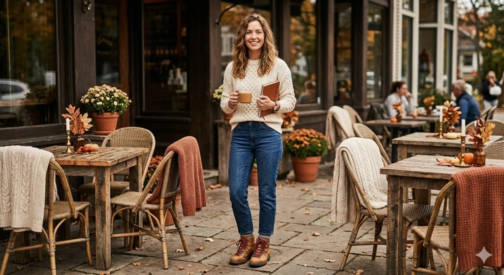 Full body shot of a woman in an oversized light blue denim jacket, black skinny jeans, and rugged black waterproof hiking boots on a modern city street.