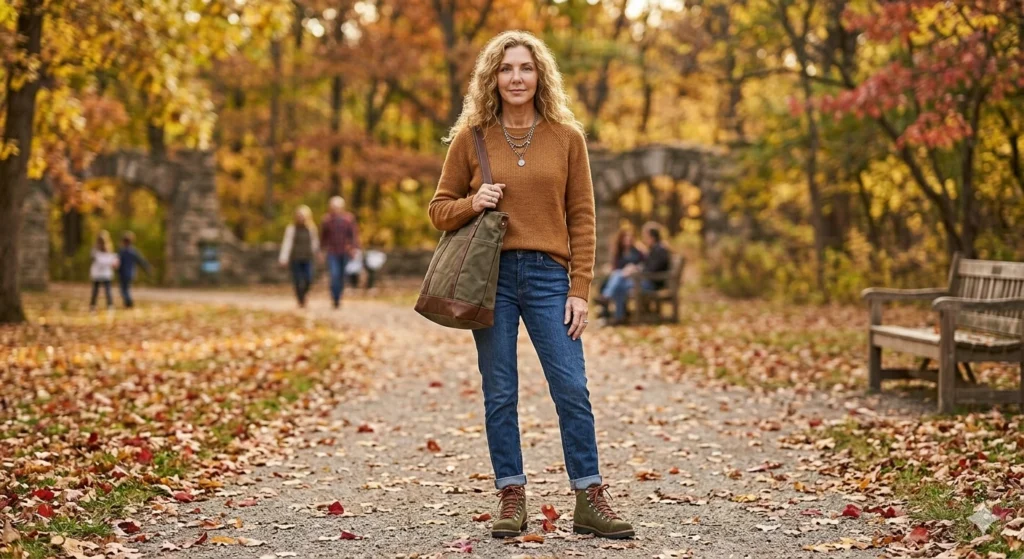 Realistic hiking fashion shot of a woman standing at a trailhead with an olive green cable knit sweater, black cuffed jeans, waterproof hiking boots, and a structured technical hiking backpack.