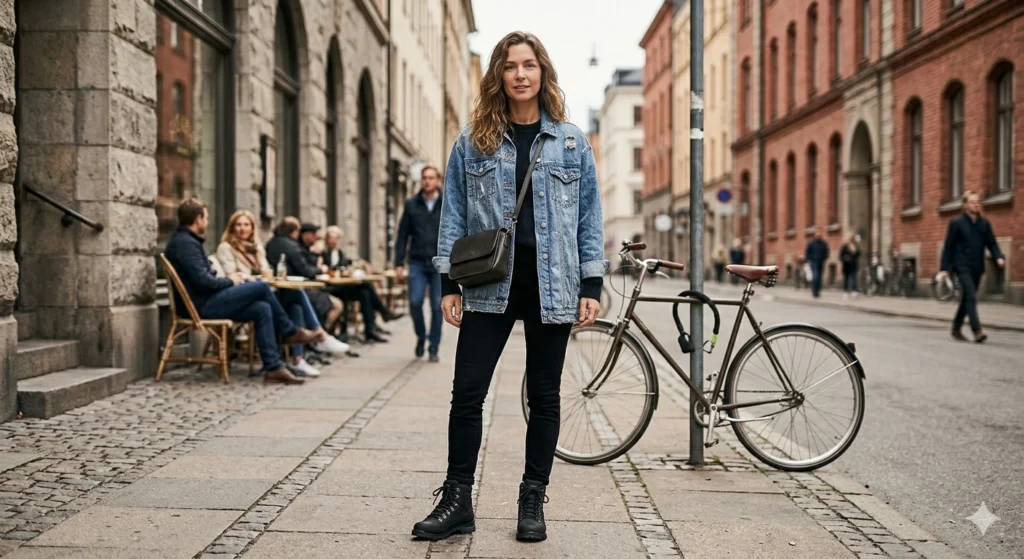 Realistic outdoor fashion photography featuring a woman in a rust-colored flannel shirt, medium-wash straight-leg jeans, and brown leather hiking boots standing near a rustic wooden mountain cabin.