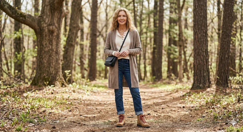 Sophisticated outdoor fashion look featuring a woman in a caramel sweater, blue straight-leg jeans, olive green hiking boots, and carrying an olive canvas tote bag in an autumn park.