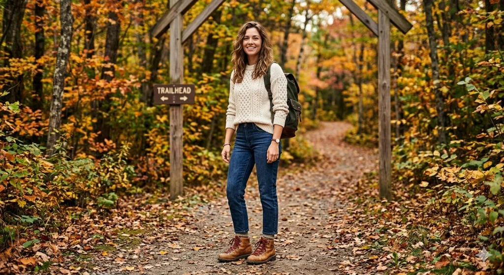 Stylish woman wearing a cream cable knit sweater, dark wash straight-leg jeans, and tan leather hiking boots at a forest trail entrance in autumn.