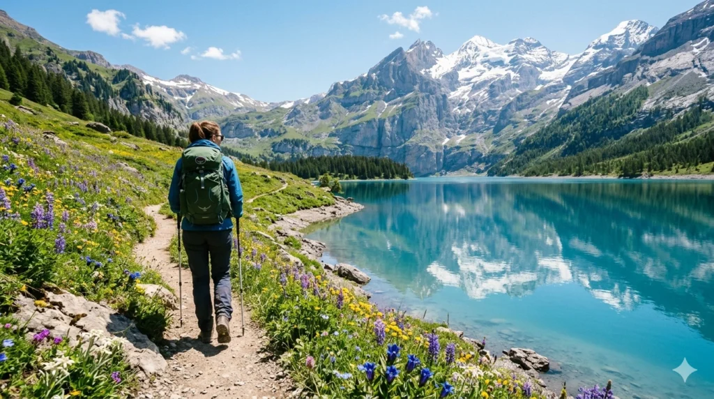 Hiking trail in Swiss Alps beside turquoise alpine lake and snow-capped mountains