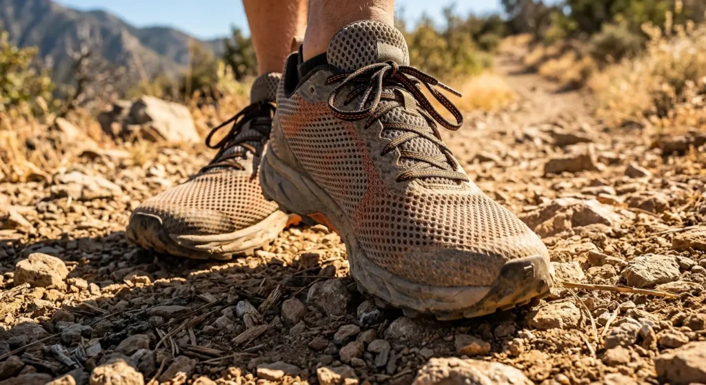 Breathable mesh hiking shoes designed for hot summer hiking trails.