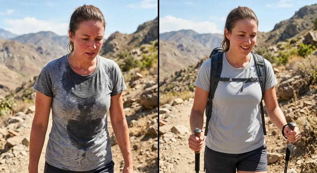 Comparison of a soaked cotton T-shirt and a moisture-wicking hiking shirt during a summer hike.