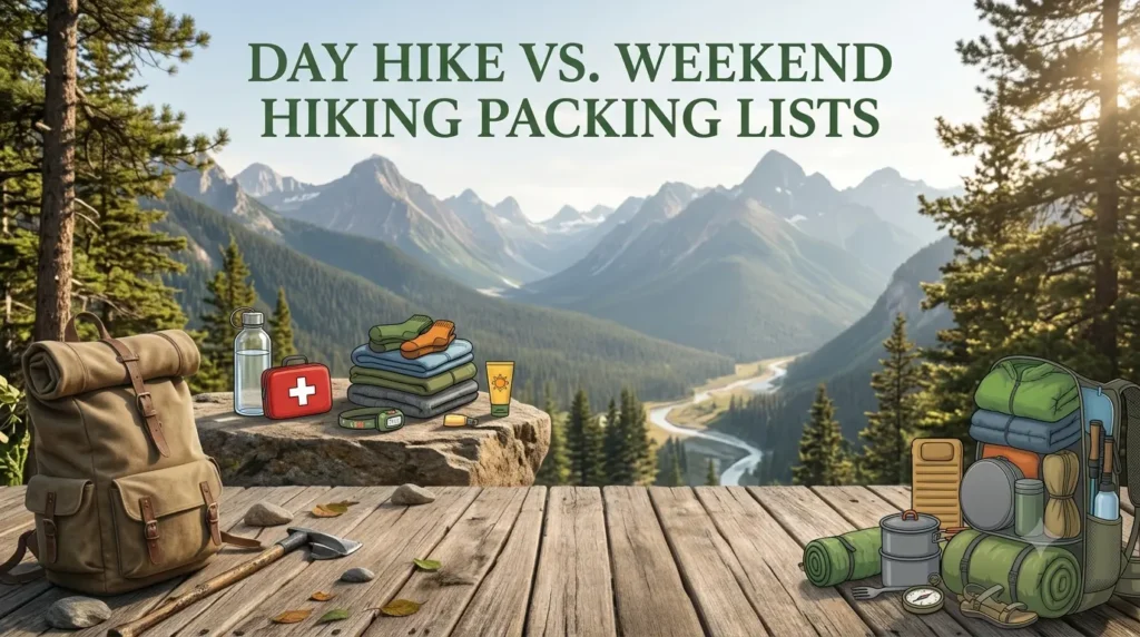 Comparison of day hiking gear versus weekend hiking gear.