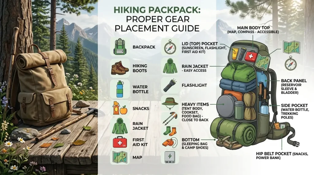 Diagram showing how to pack a hiking backpack correctly.