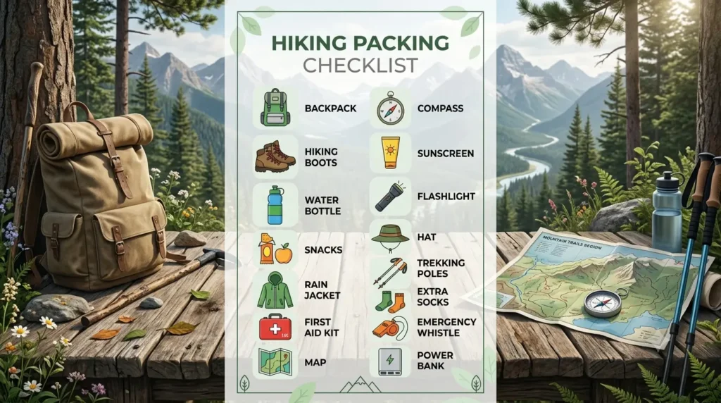 Ultimate hiking packing list with essential gear for a safe and comfortable outdoor adventure.