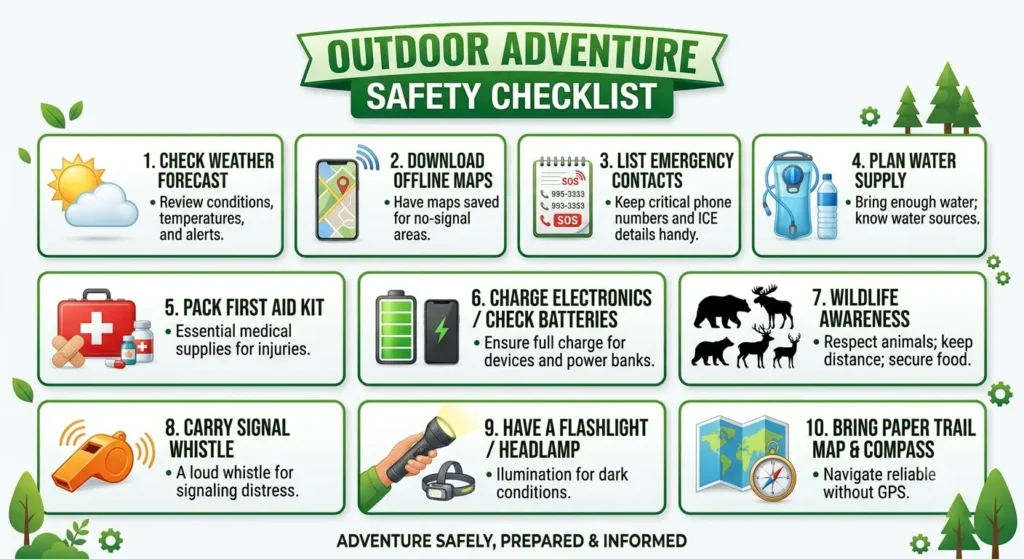 Essential hiking safety checklist before leaving home.