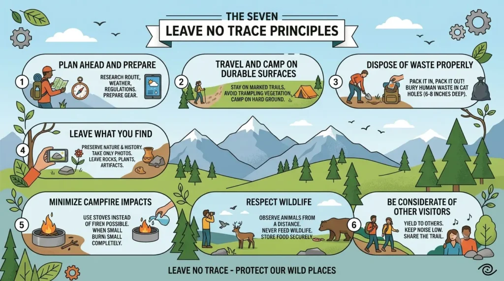 Seven Leave No Trace principles for responsible hiking.