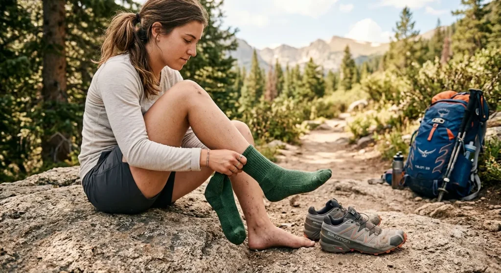 Merino wool hiking socks paired with breathable trail shoes for summer hiking.