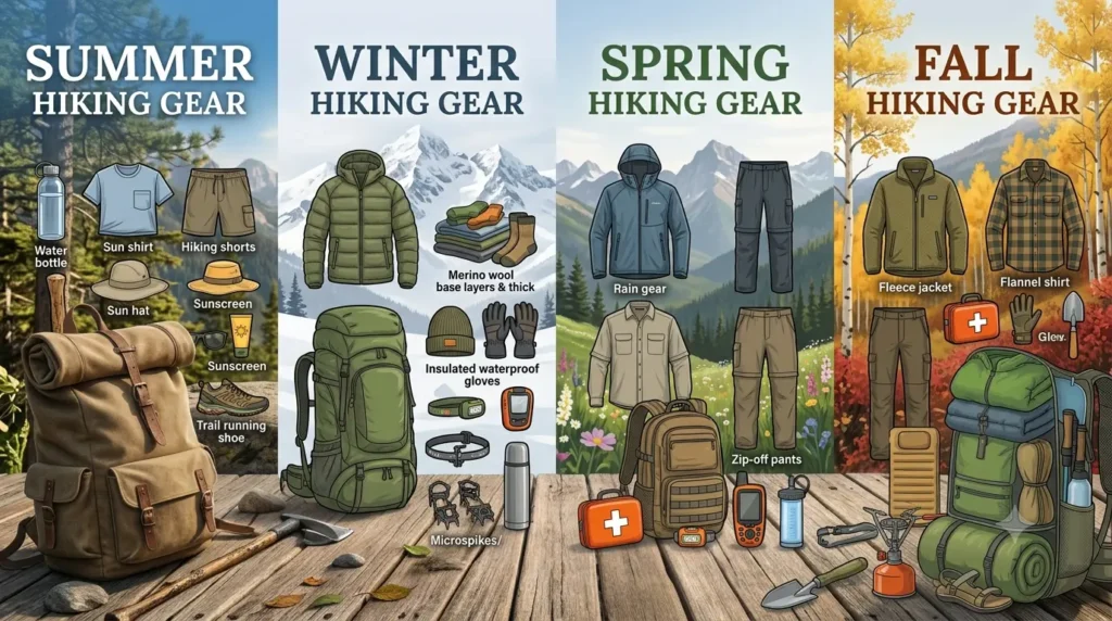Seasonal hiking packing list for summer, winter, spring, and fall.